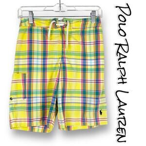 Polo Ralph Laurent Plaid Swim Trunks Preppy Pockets Yellow Plaid Boys Size Med